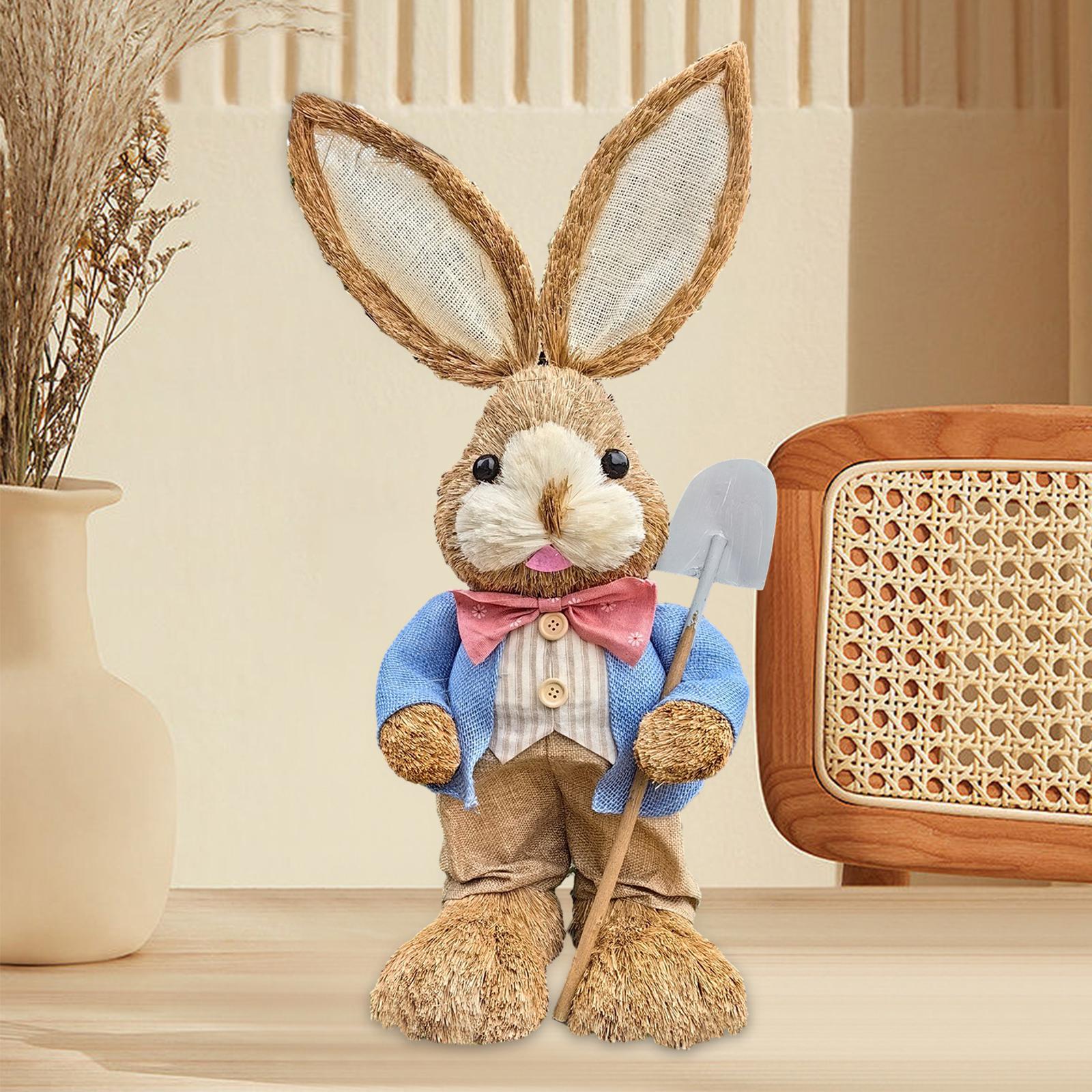 Straw Easter Bunny Figurine Cartoon Easter Decoration for Patio Desk Bedroom Style B