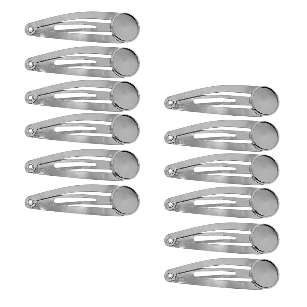 10Pcs DIY Barrettes Snap Hair Clips 12mm Round Bezel Setting Tray Whitegold