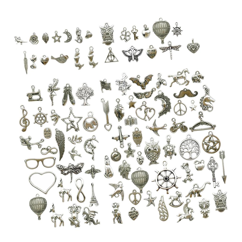 100pcs Craft Supplies Antique Silver Assorted Charms Pendants