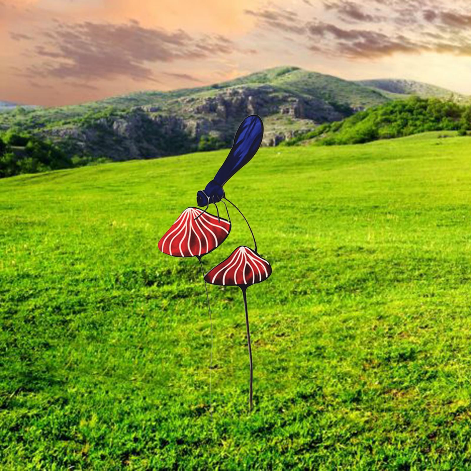 Art Craft Mushroom Garden Stakes Whimsical Suncatcher Dragonfly Stake Red