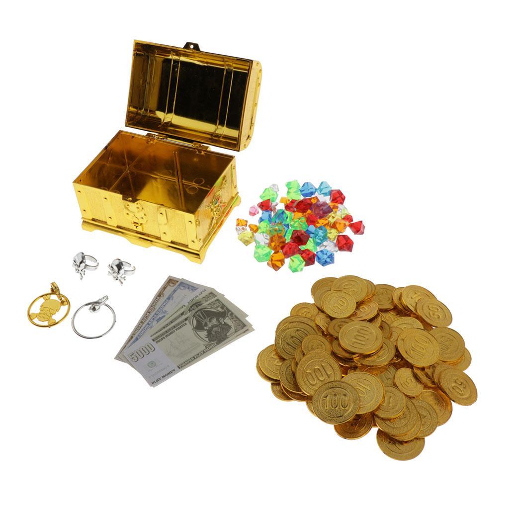 Treasure Chest Box Toy Plastic Gold Coins Pirate with Jewelry Gems Toys ...