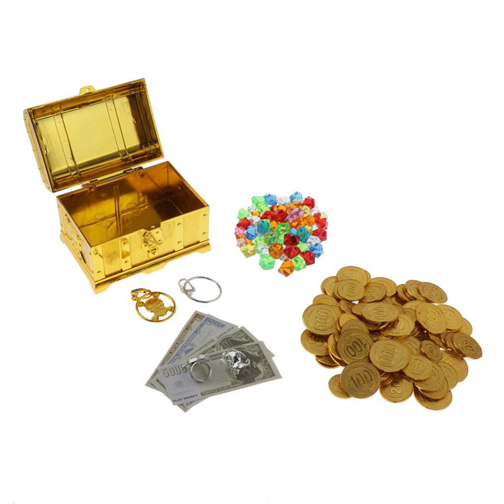 Large Wooden Treasure Chest Box Toy Plastic Gold Coins Pirate Flag 