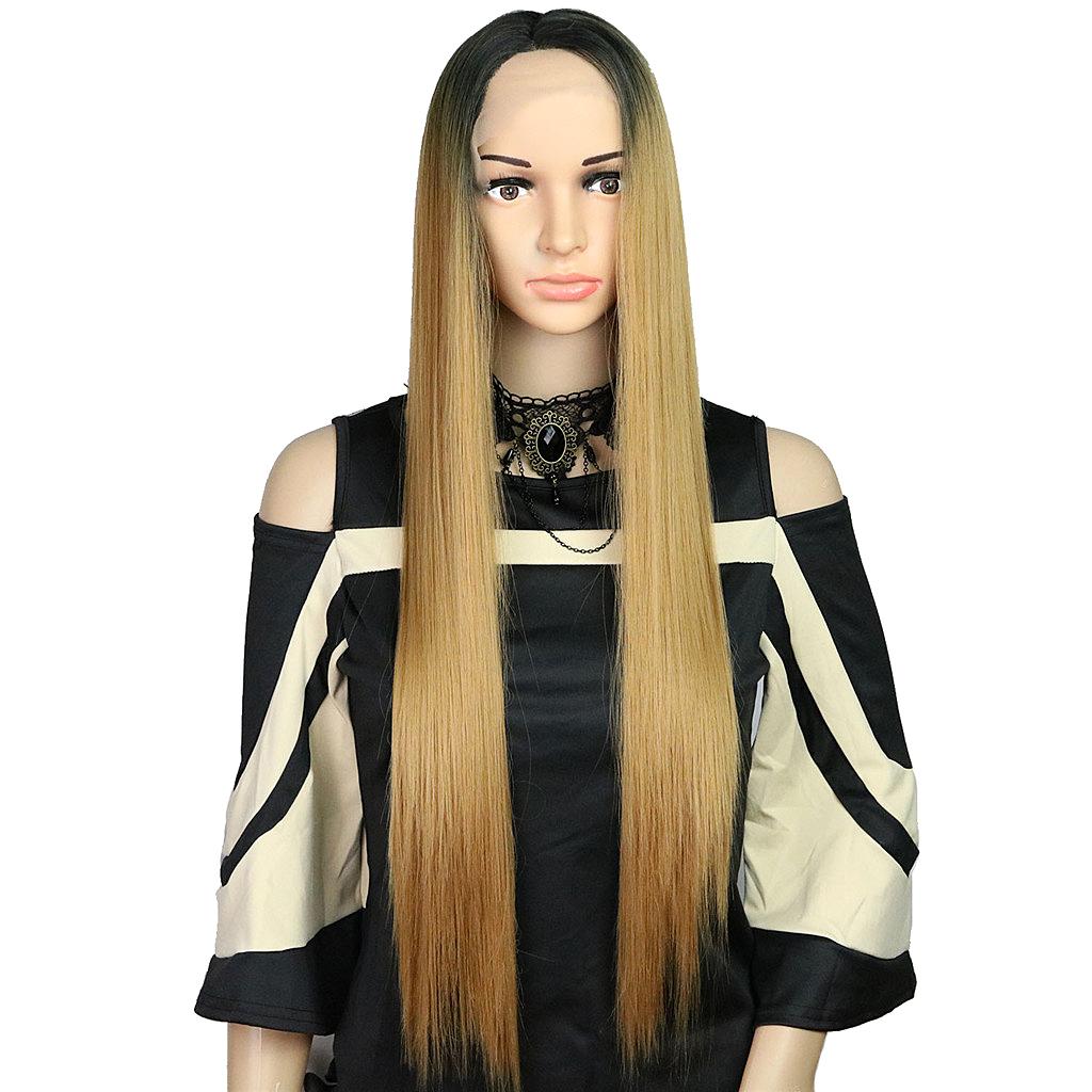 24" Women Middle Part Long Straight Hair Lace Front Synthetic Wig Golden