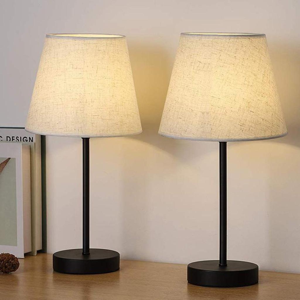 Metal Bedside Table Lamps Base 3-Way Dimmable Fabric Lampshade Desk Light