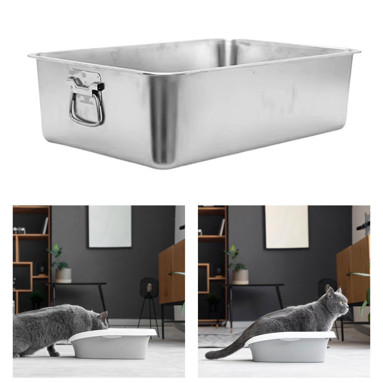 Stainless Steel Cat Litter Tray with Handle Lightweight Rabbit Kitten Toilet 50cmx35cmx10cm