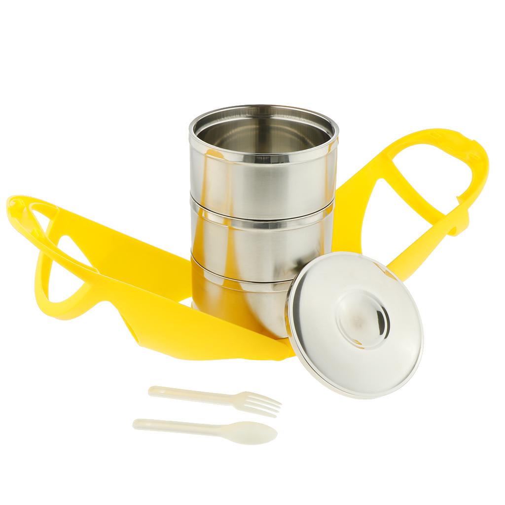 Portable Stainless Steel Insulated Lunch Box Food Compartments Yellow-3 Tier