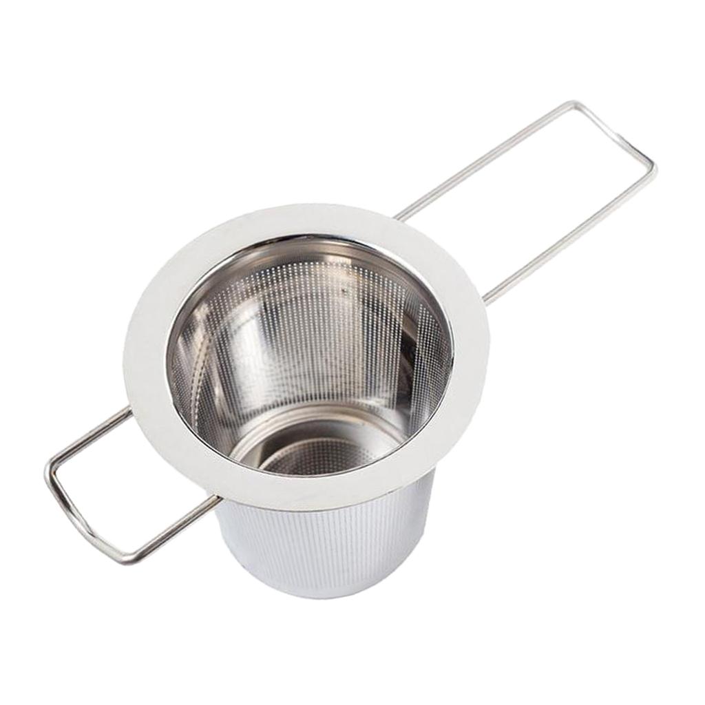 Stainless Steel Tea Infuser Mesh Strainer with Long Handle Hanging on Teapot