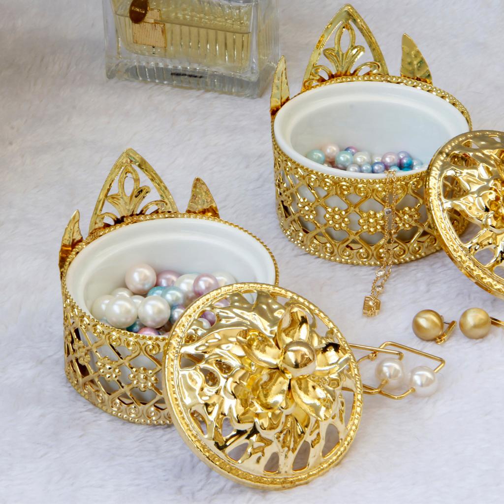 Golden Luxury Hollow Out Ceramic Jewelry Storage Box Round Earring Organizer