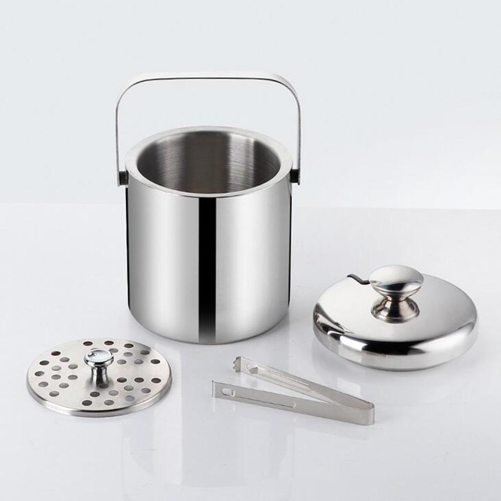 1.3L Ice Bucket + Tongs & Lid Insulated Double Walled Stainless Steel Cooler