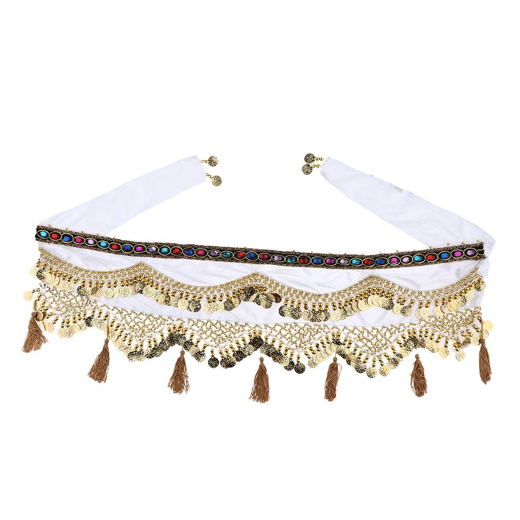 Womens Sequins Belly Dance Hip Scarf Wrap Skirt with Gold Coins White