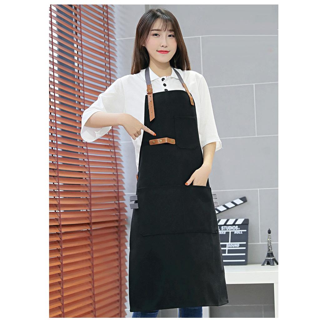 Men Women Canvas Apron Bib Multi Pockets Cafe Kitchen Cooking Painting Black