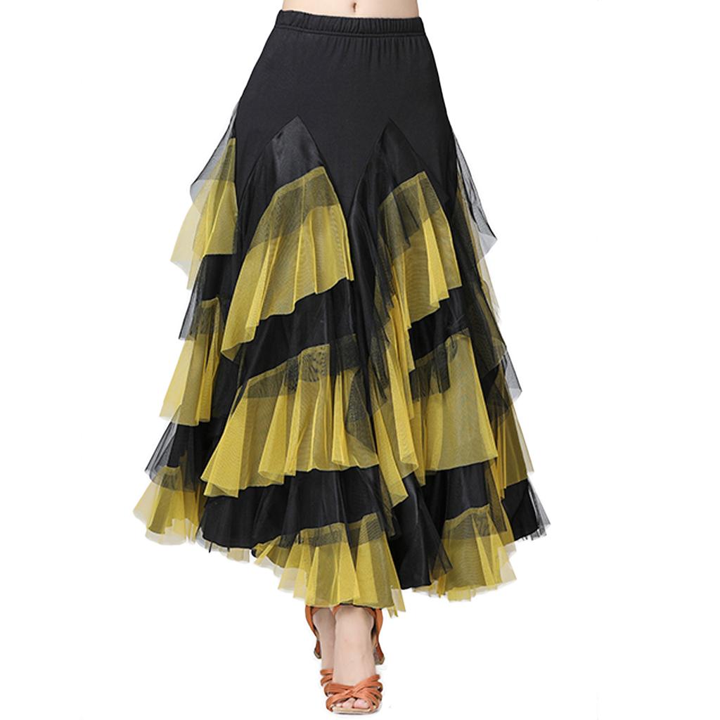 Flamenco Ballroom Waltz Dance Big Swing Skirt Womens Modern Costumes Black Yellow