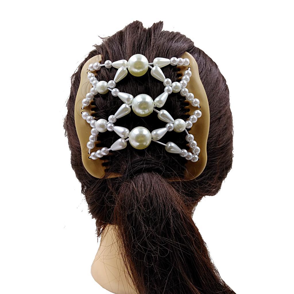 Womens Beads Pearls Magic Elastic Hair Clips Stretchy Double Hair Combs