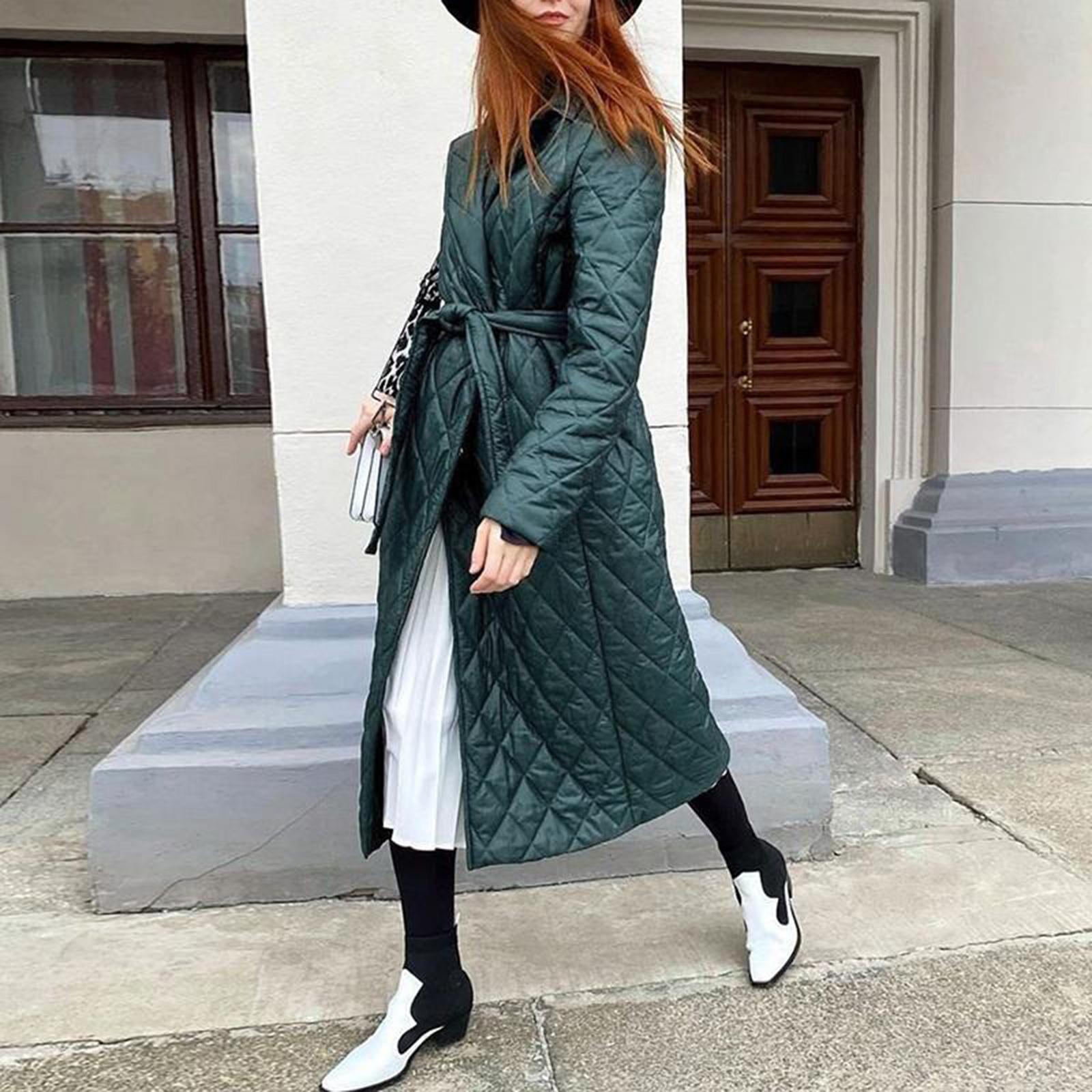 Winter Windproof Jacket Casual Sashes Women Parka Long Straight Coat Green M