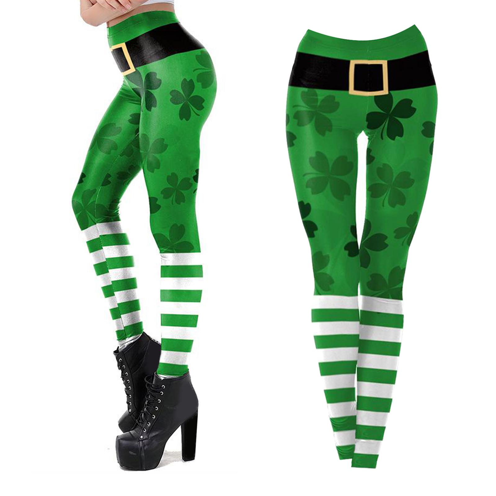 Stretchy Soft Women Leggings Shamrock Print Compression Pants Green XL