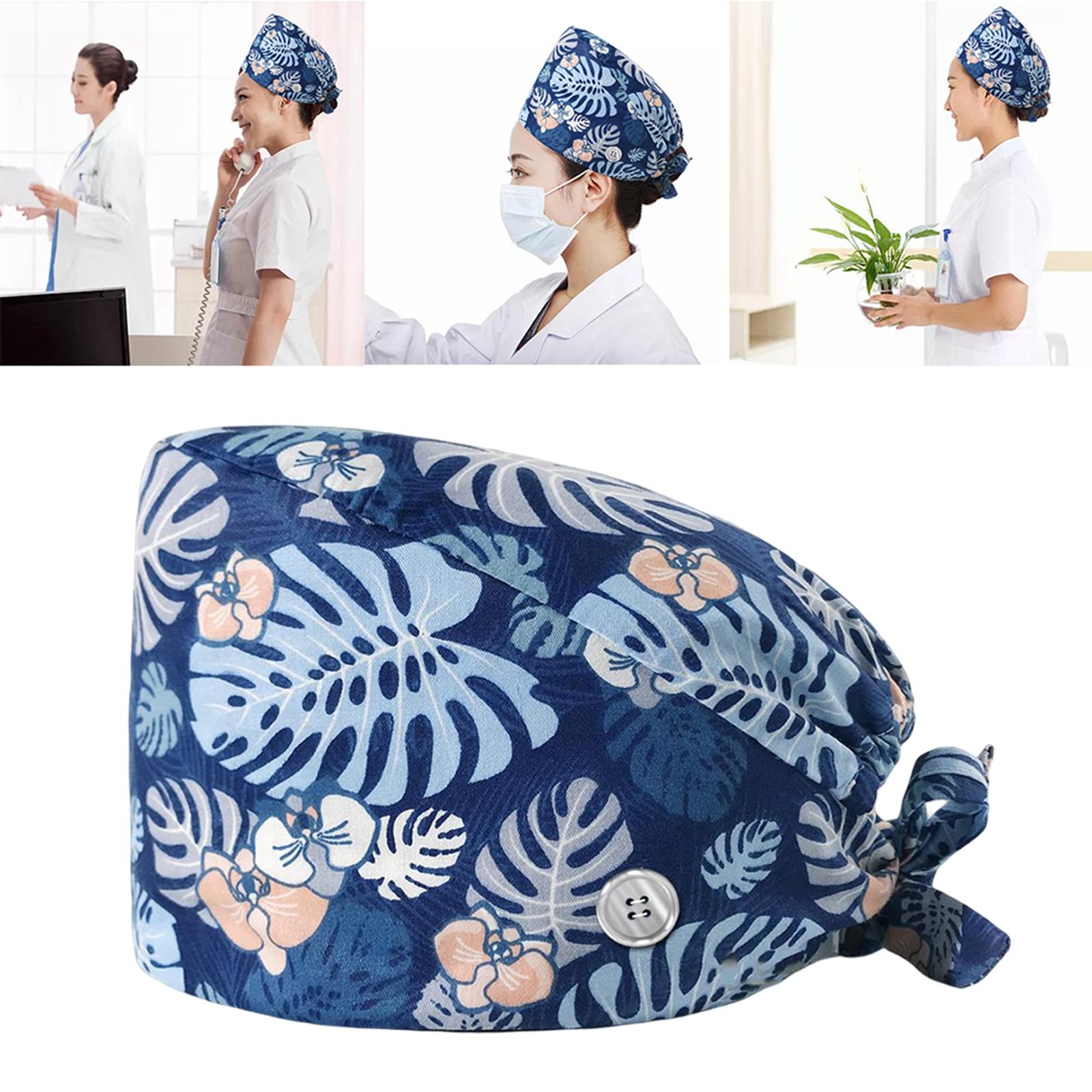 Scrub Caps Cotton Bouffant Adjustable Head Cover Hats Working Caps Monstera
