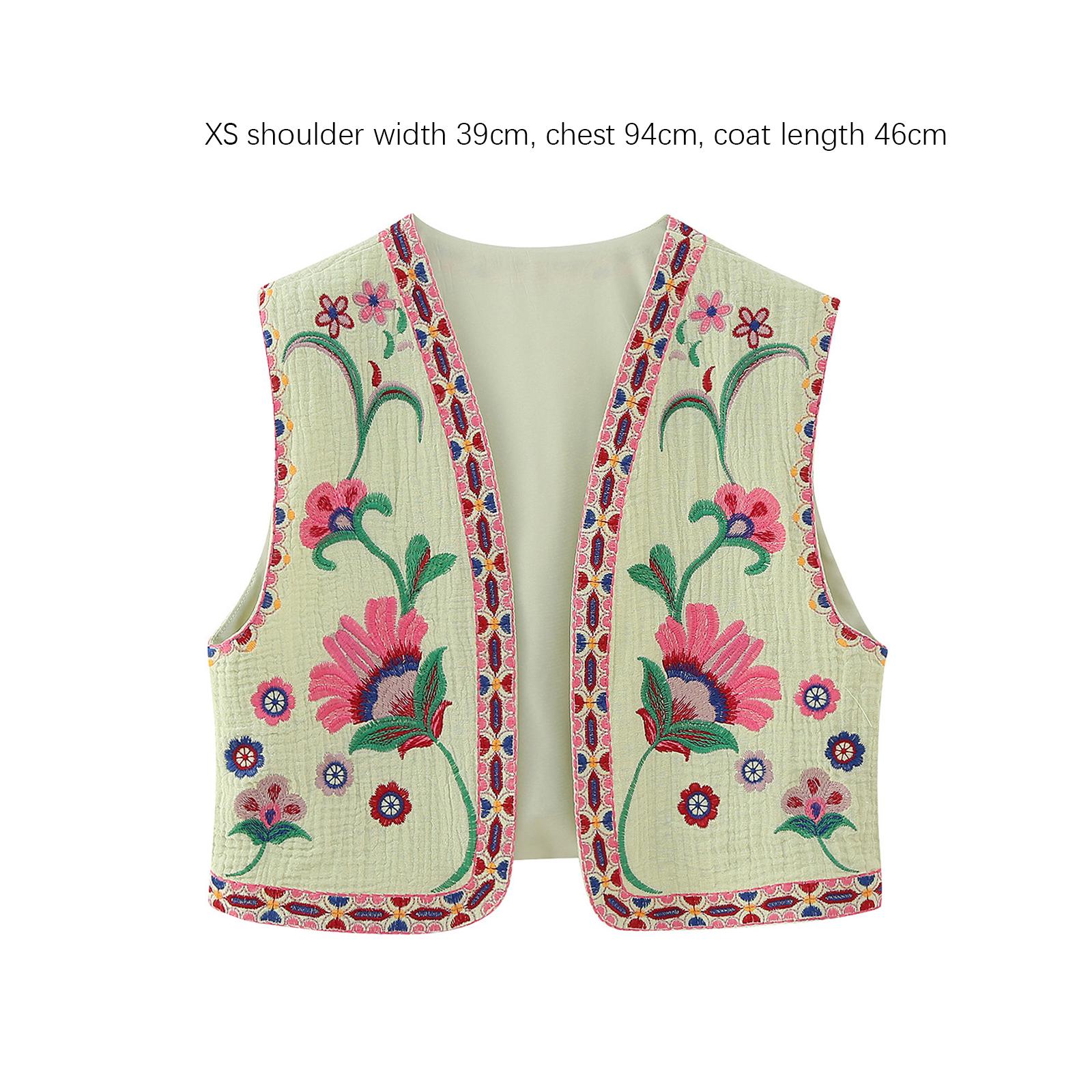 Women Floral Embroidery Vest Open Front Jacket Vintage Style Female Crop Top XS Multicolor