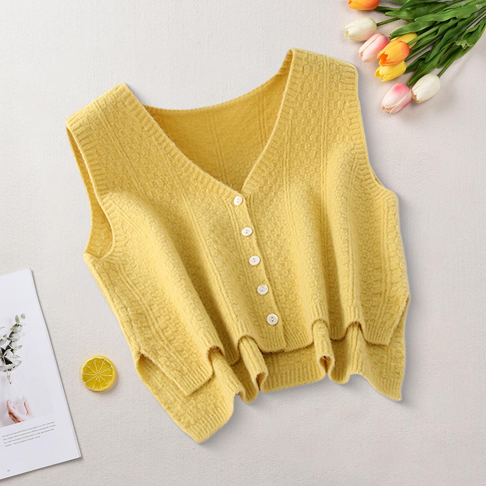 Women Sweater Vest Breathable V Neck Casual Fashion Jumpers Sleeveless Gilet Yellow