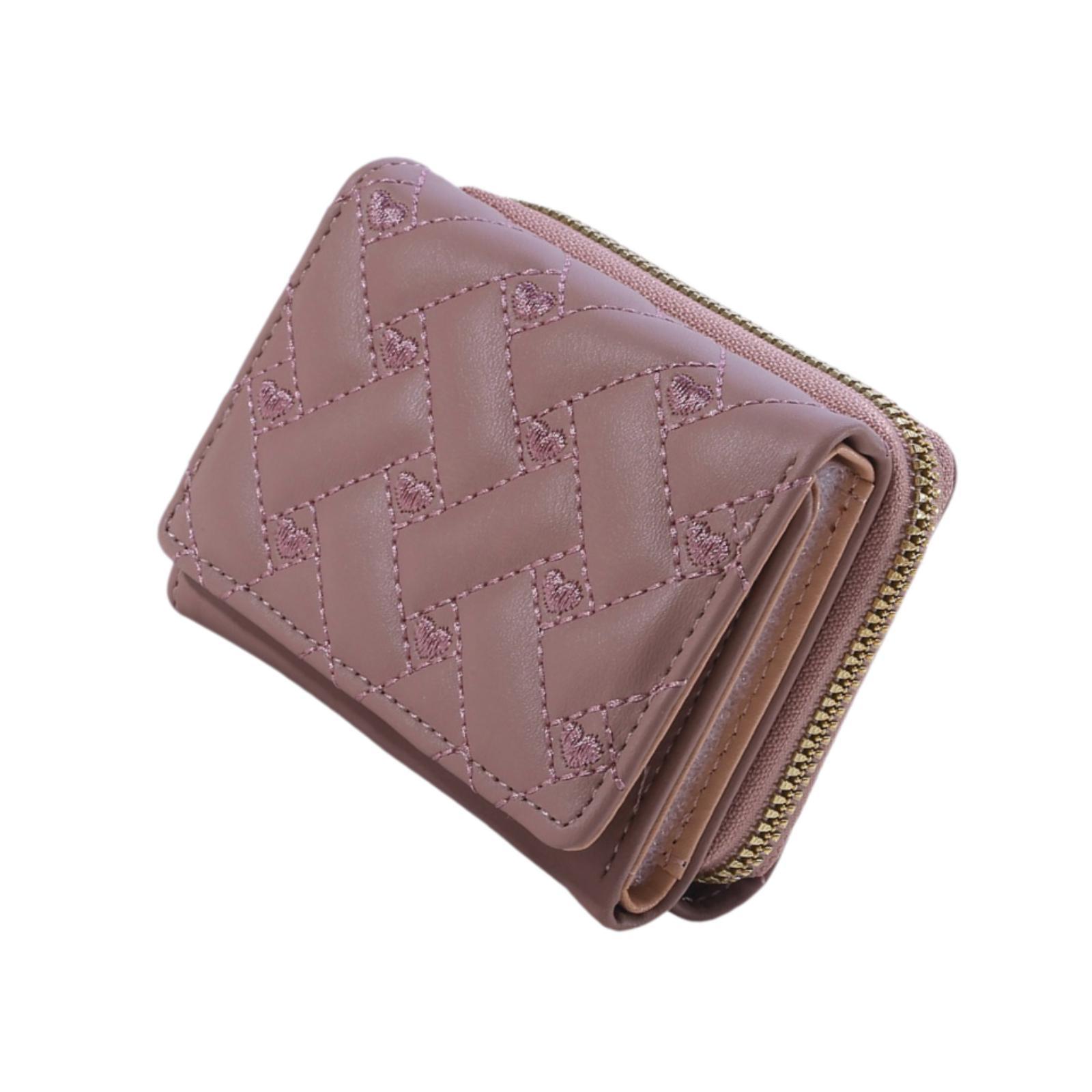 Small Wallet PU Leather Zipper Closure Heart Embroidered Trifold Card Wallet Violet