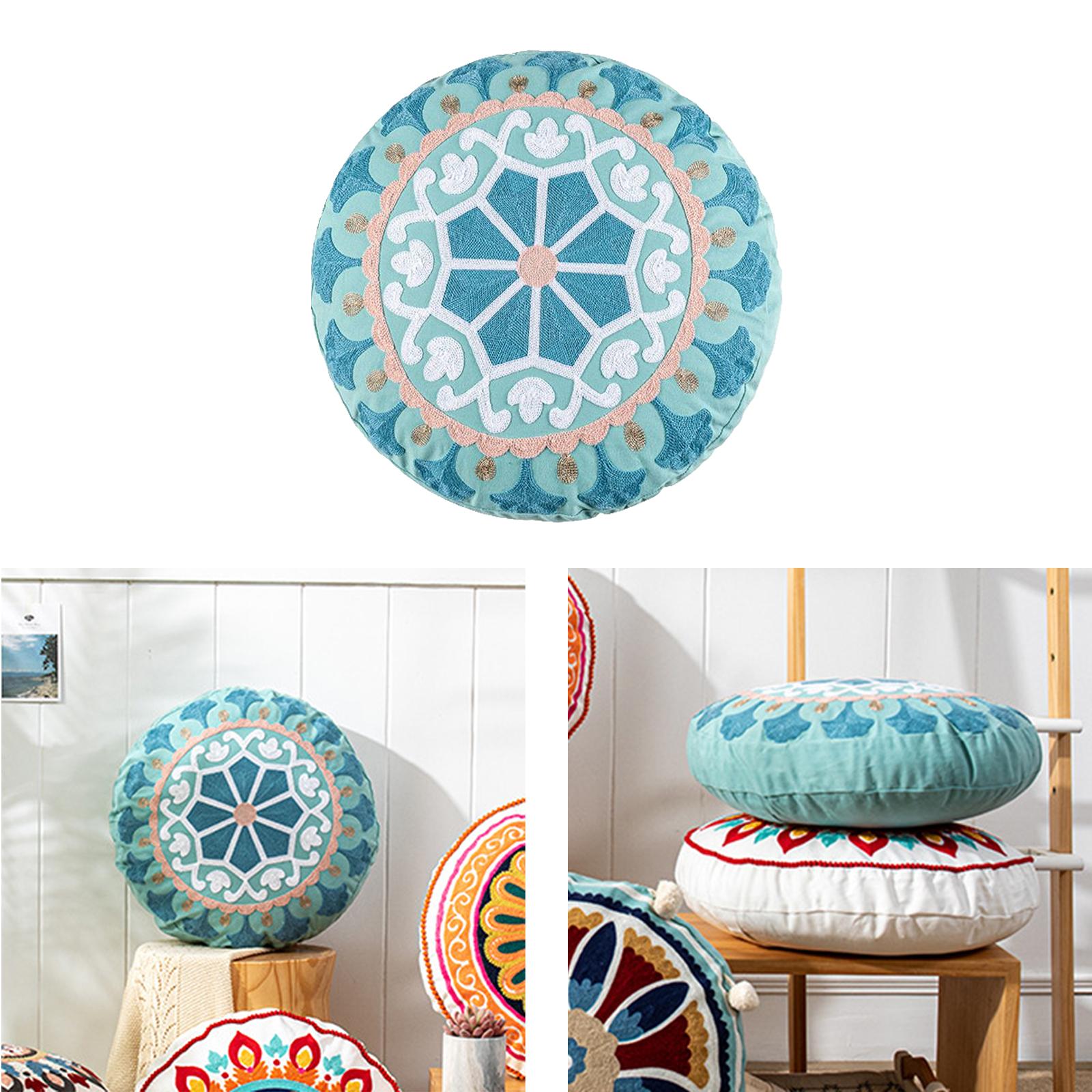 Round Floor Pillow Cushion Embroidered Bohemian Patchwork Pillow Cover Blue