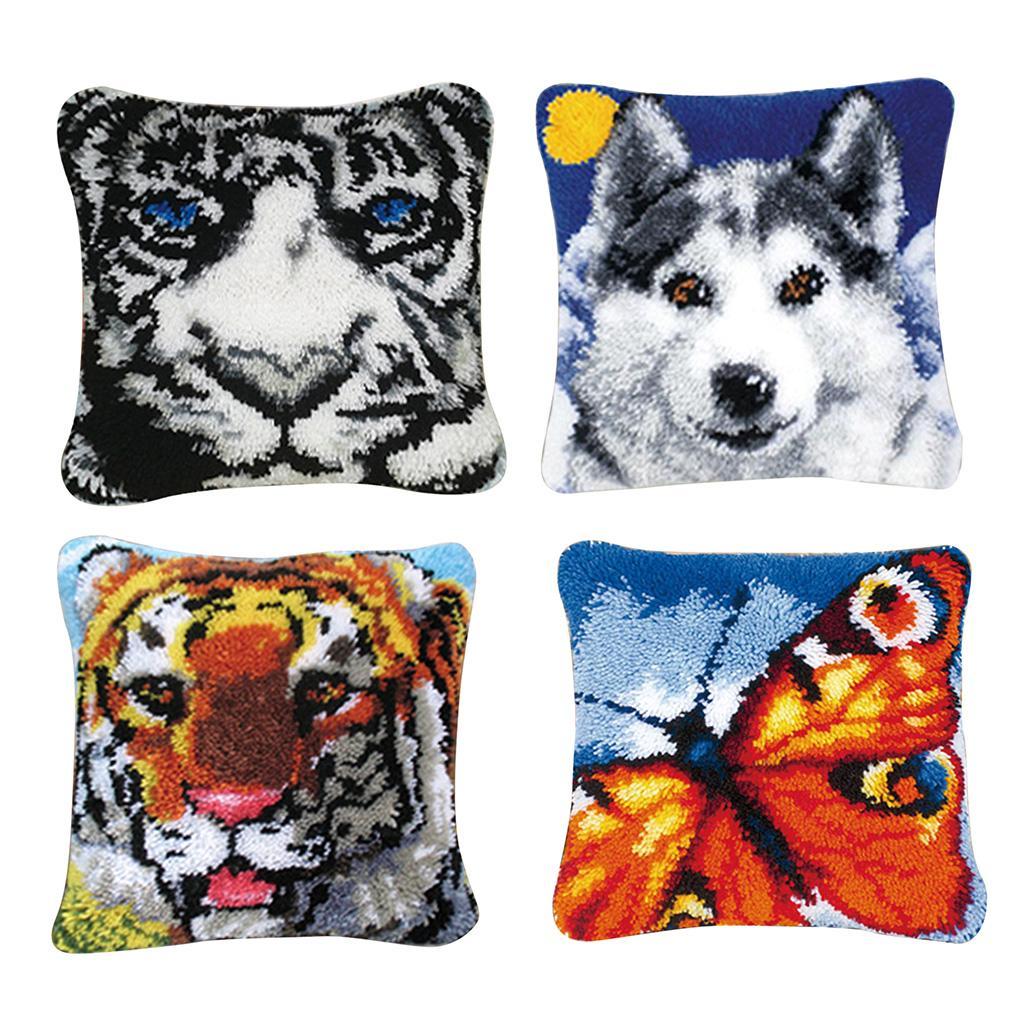 Latch Hook Kits DIY Animal Pattern Pillow Making Package 43x43cm Tiger White