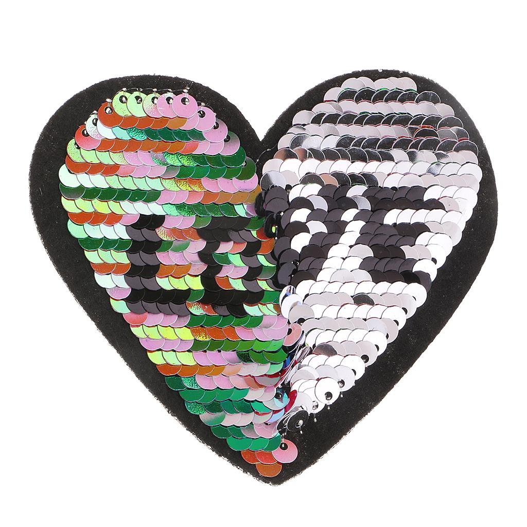 Reversible Sequins Love Heart Patch Badge Iron on Applique DIY Craft