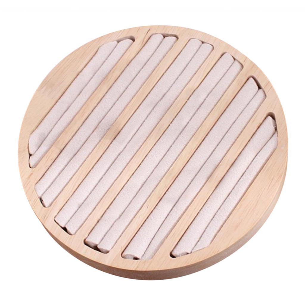 Round Wooden Jewelry Showcase Ring Display Tray Organizer beige velvet 