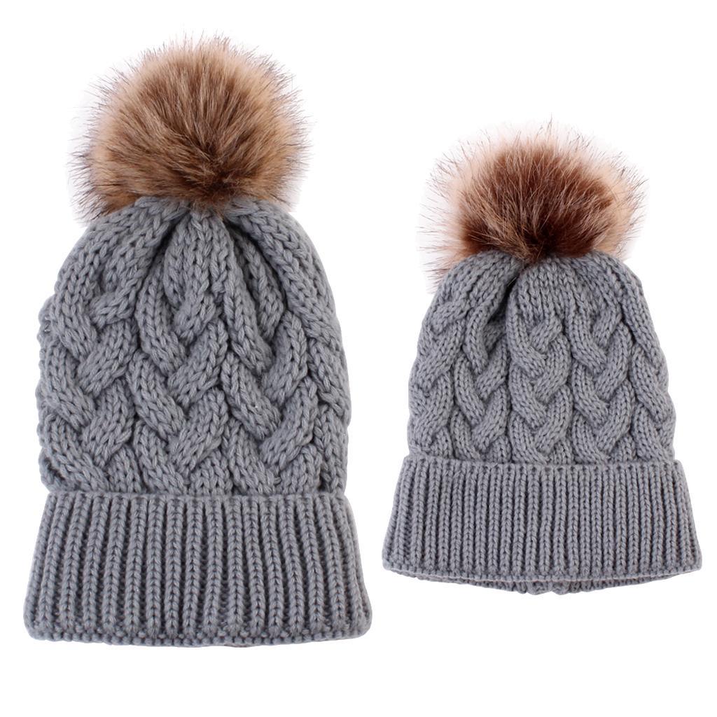 2PCS Parent-Child Beanie Hairball Cap Ball Warm Winter Knitted Hat Grey