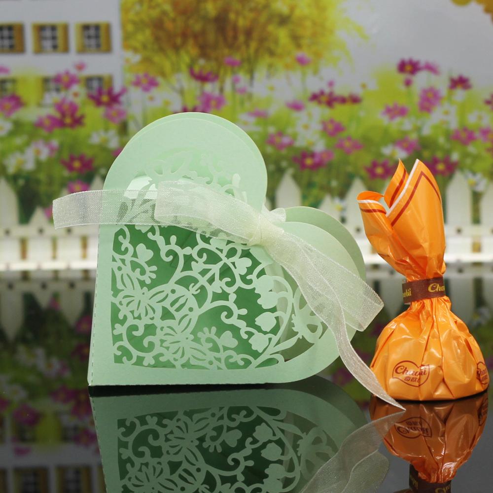 20x Heart Paper Cut Candy Sweet Box w/ Ribbon Wedding Party Favor Gift Green