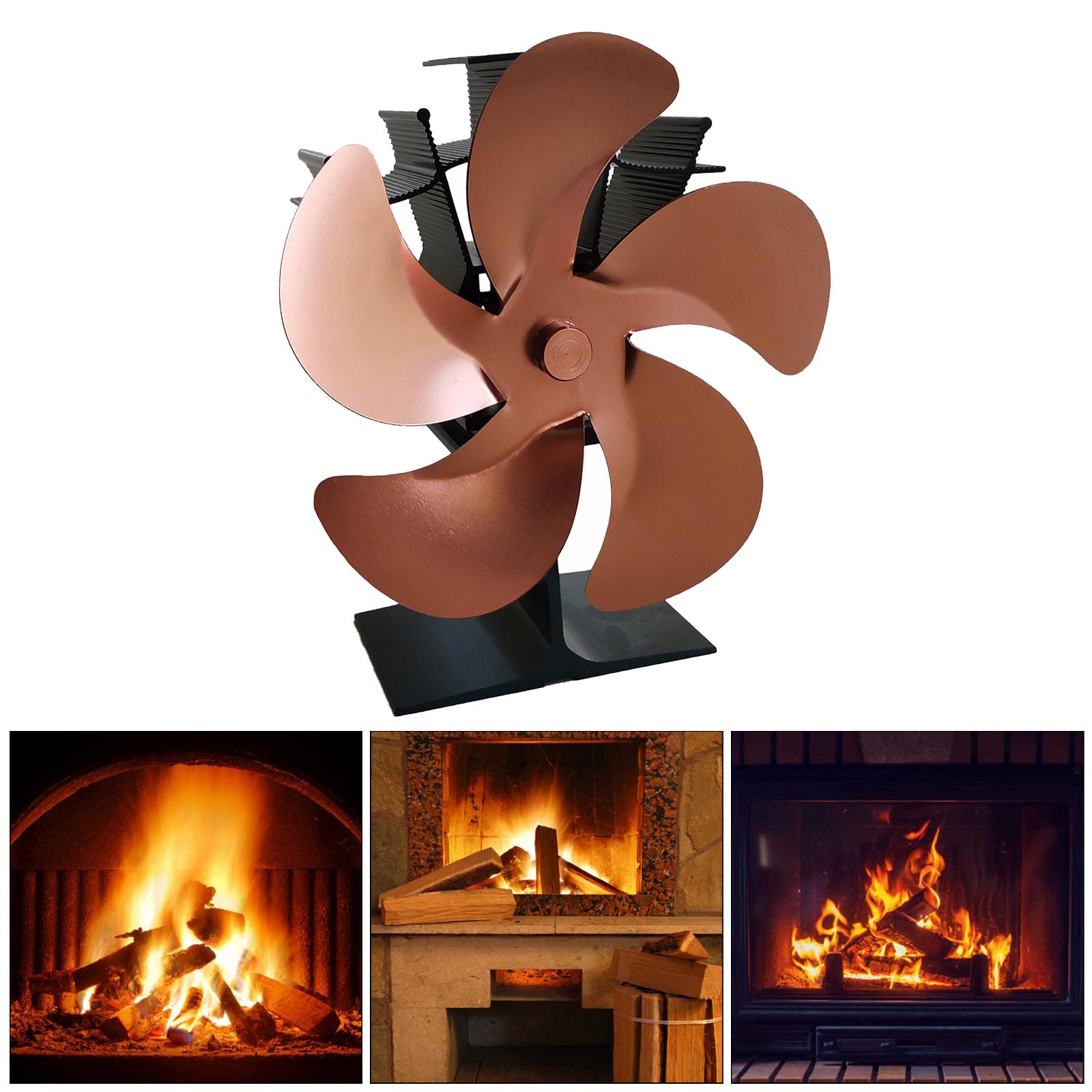 5 Blades Fireplace Fan Wood Stove Top Fan Eco Fuel Saving Brown