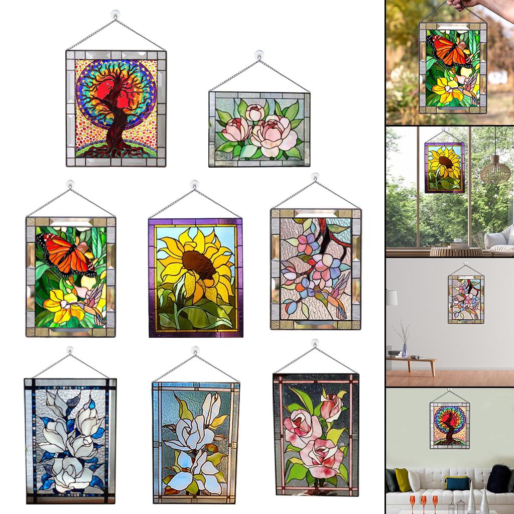 2 Pieces Stained Rectangle Window Panel Wall Decor Rose