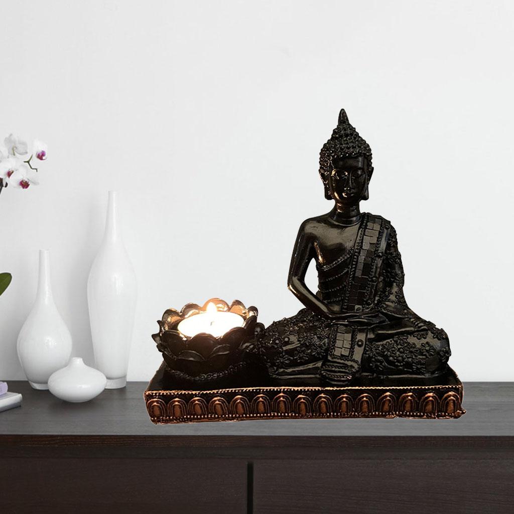 Resin Meditating Buddha Statue Tealight Candle Holder Decor Black