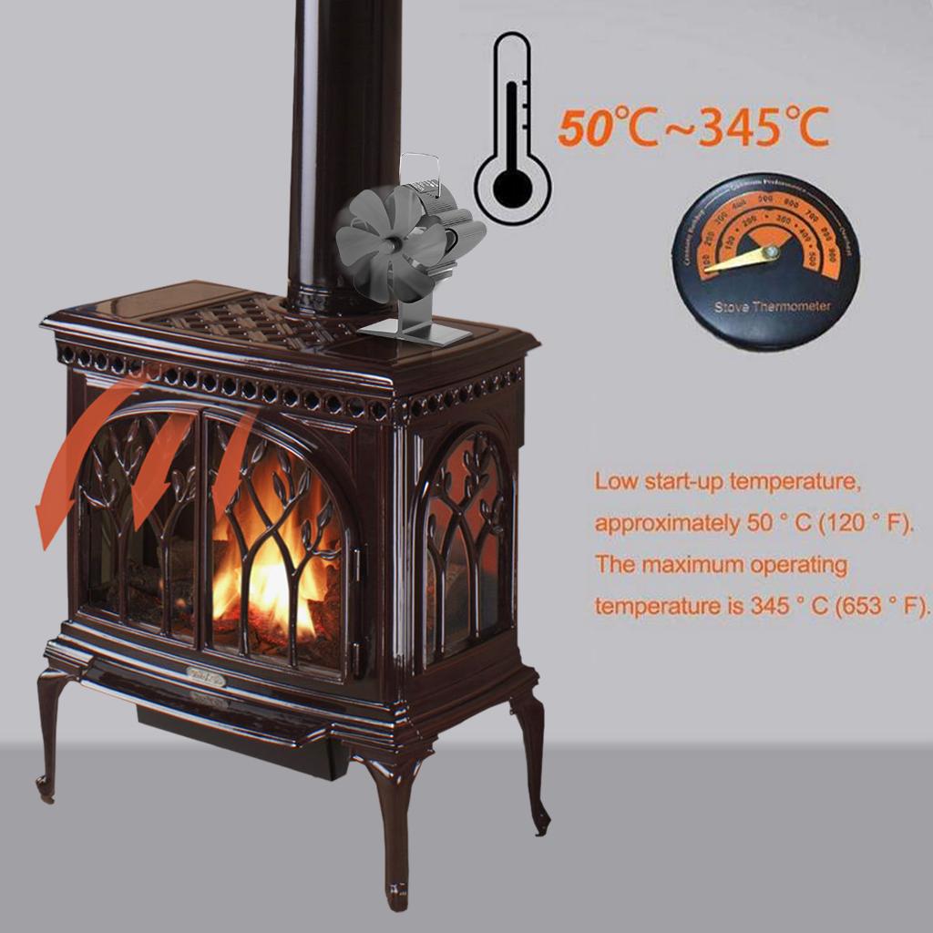 6 Blades Heat Powered Wood Stove Fan Wood Burner Fireplace Friendly Fan