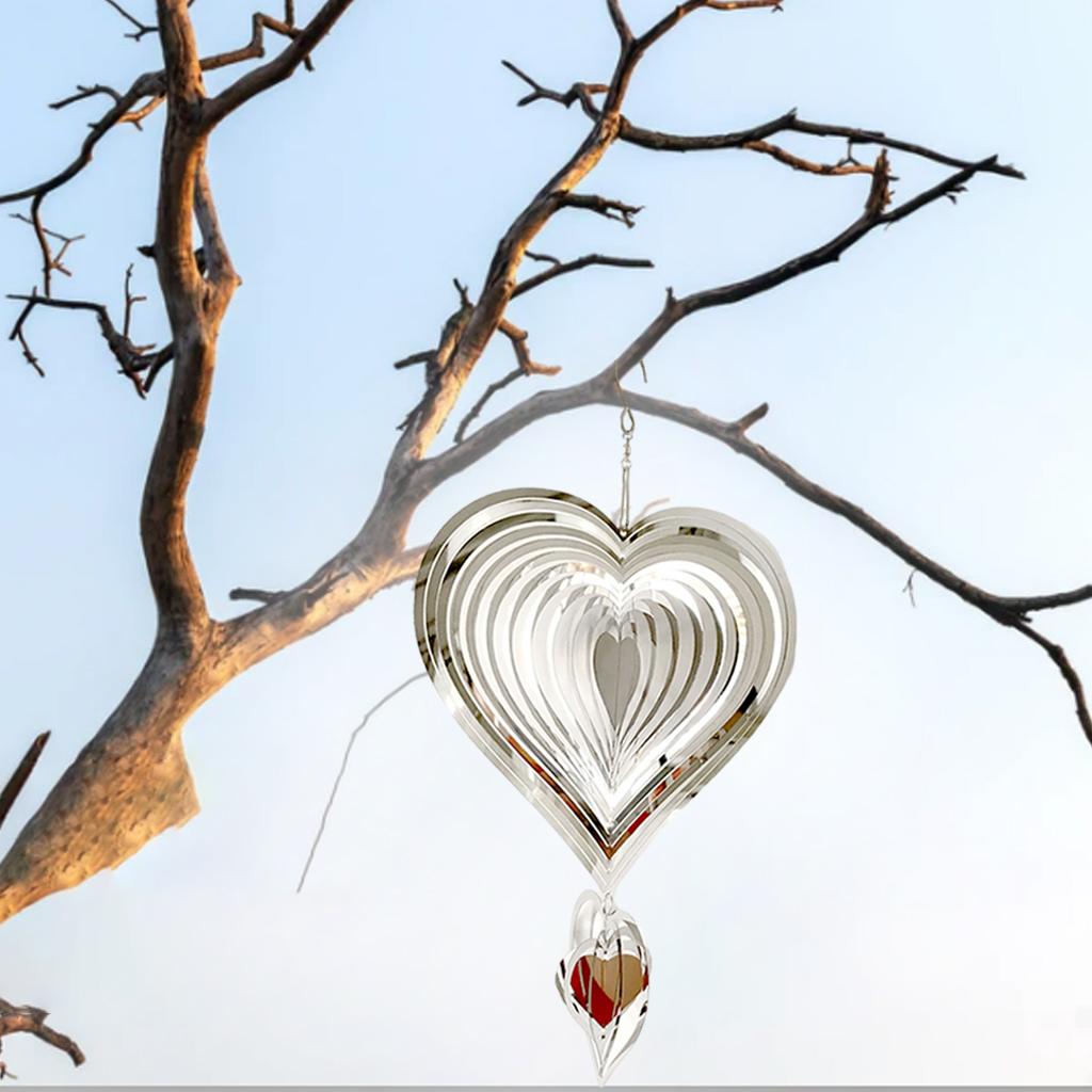 3D Stainless Steel Wind Spinner Ornament 3D Heart Wind Chimes for Lawn Yard Silver