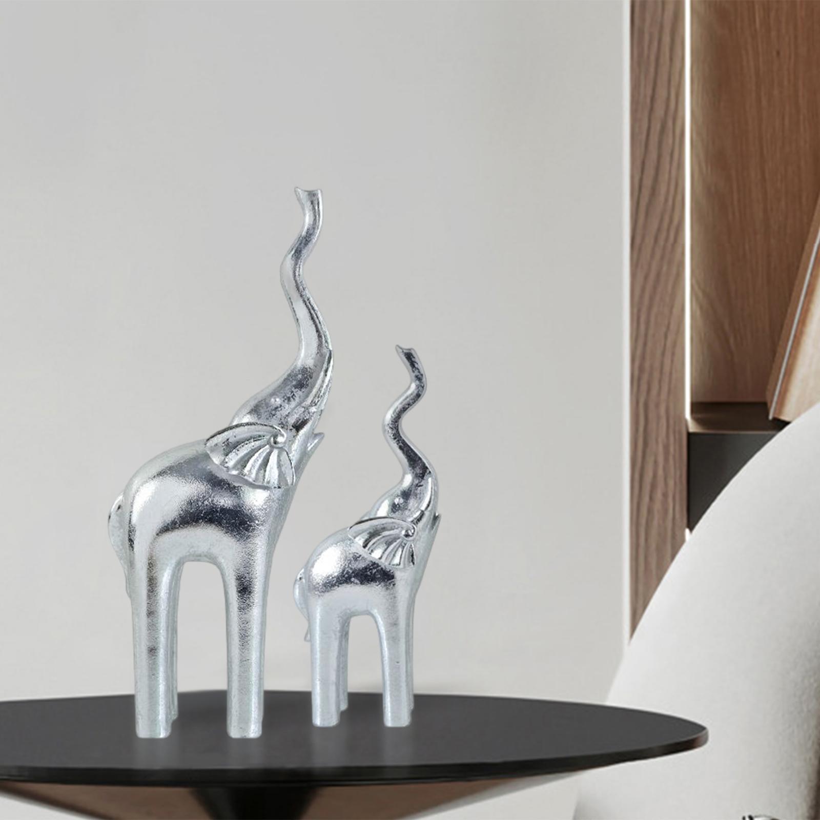 2x Elephant Statue Figurines Desktop Mother Baby Living Room Ornament Silver