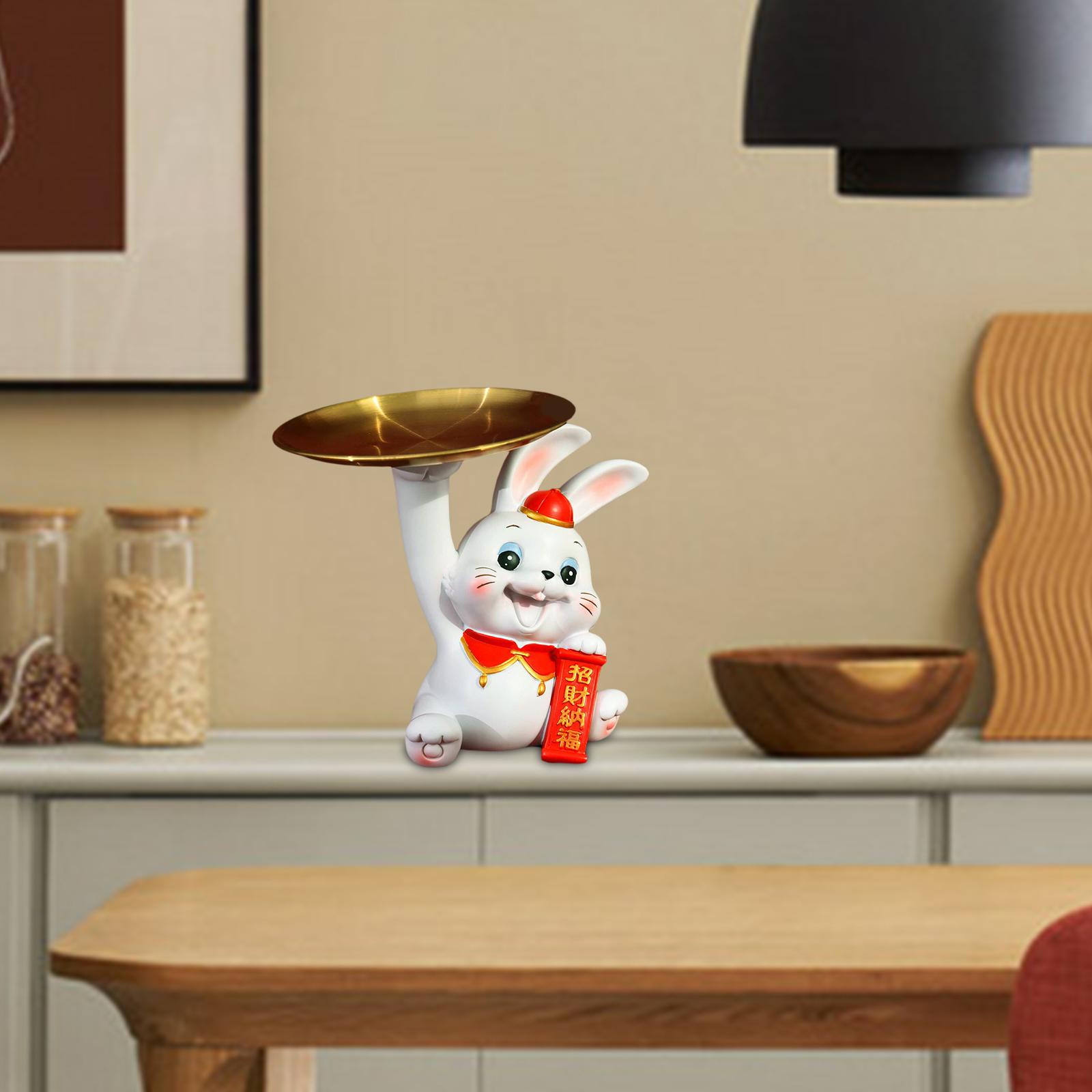 Cute Rabbit Statue with Tray Jewelry Storage for Bar Dining Room Decoration Sitting