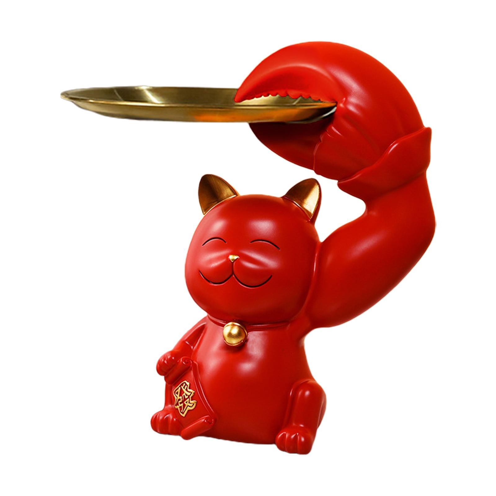 Cat Statue Resin Sculpture Creative Tray Storage for Party Drawing Room Home Red