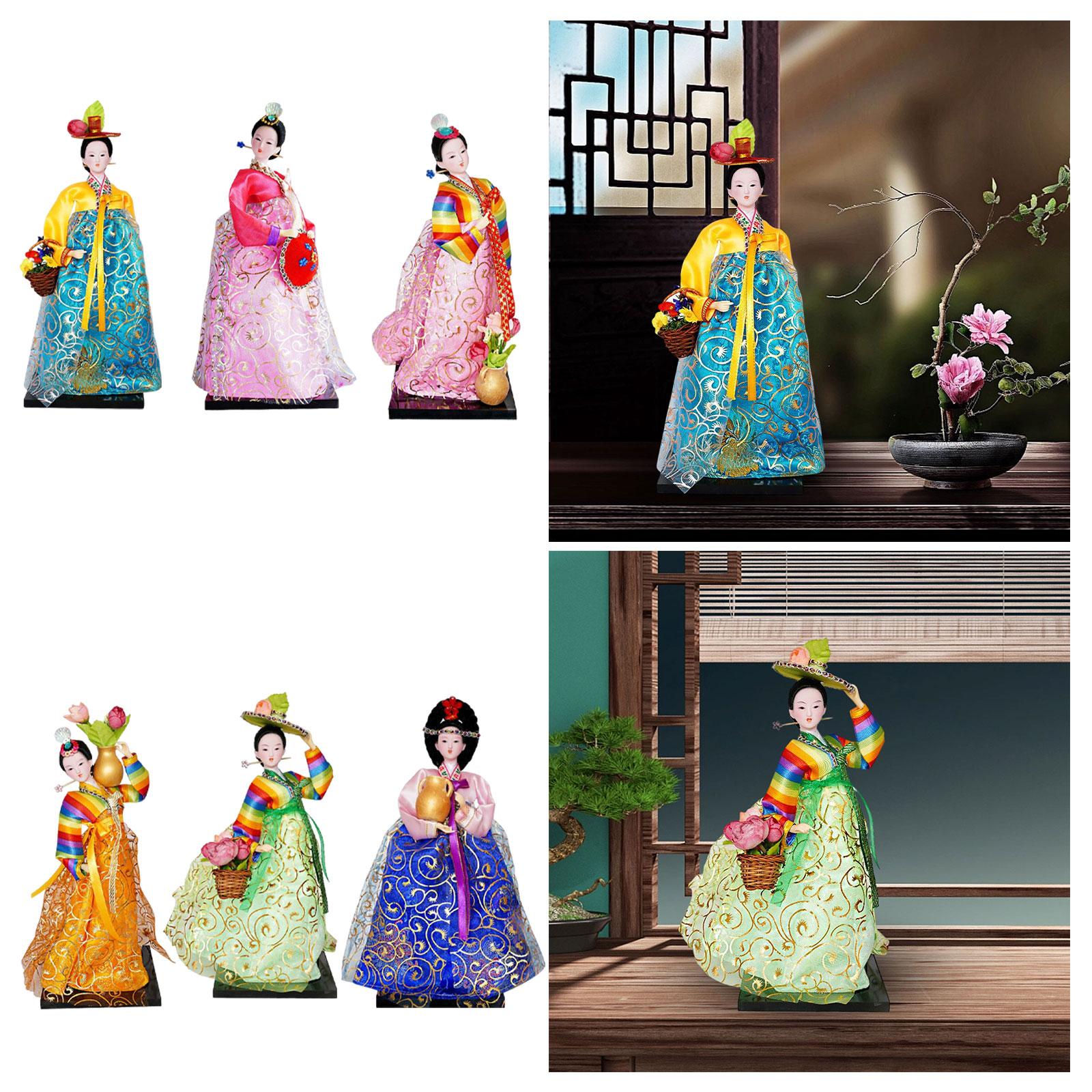 Korean Geisha Figurine 12" Free Standing Hanbok Dolls Miniature Lady Figures Yellow and Green