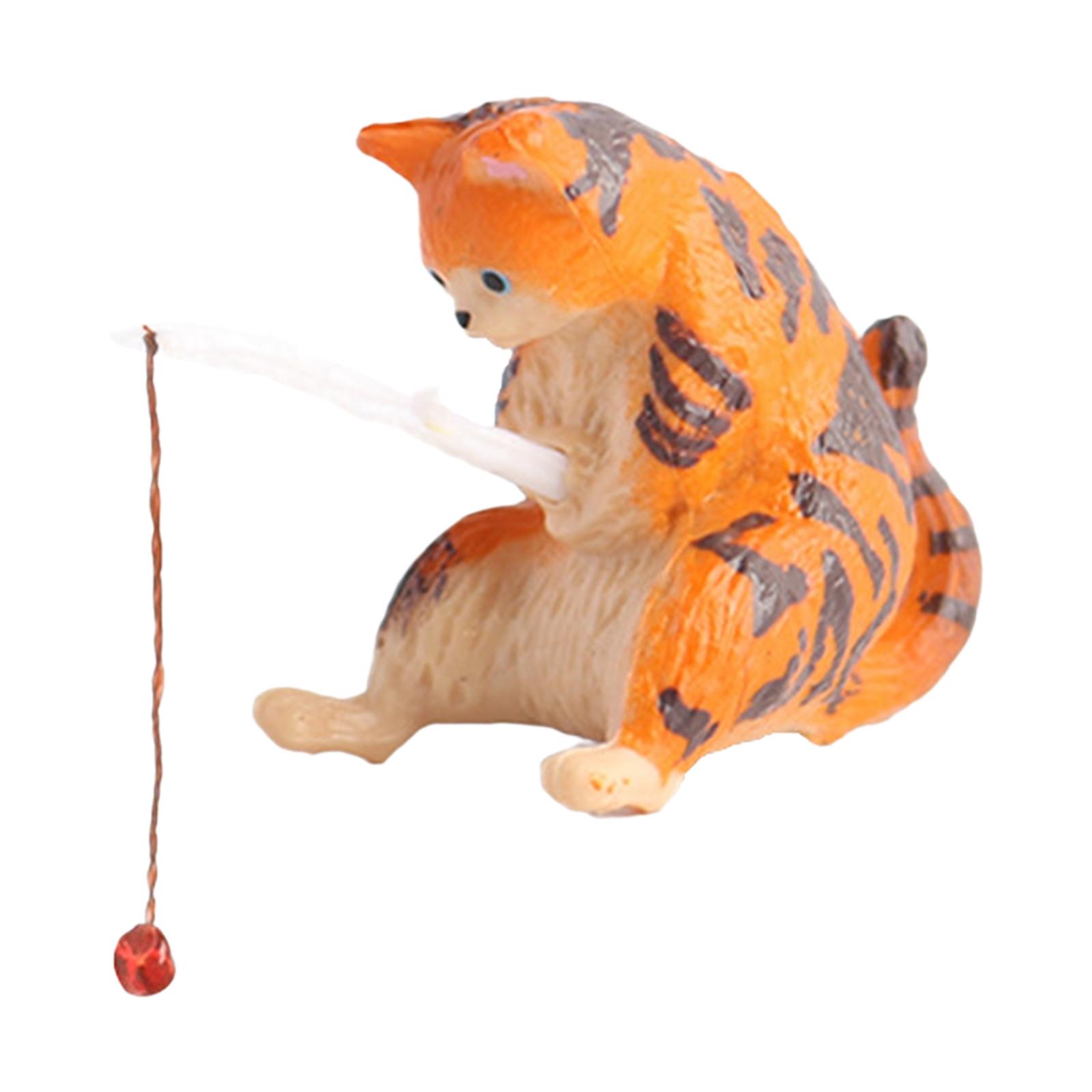 Cat Fishing Figurine Decorative Kitten Fishing Ornament for Garden Orange Tiger Stripes