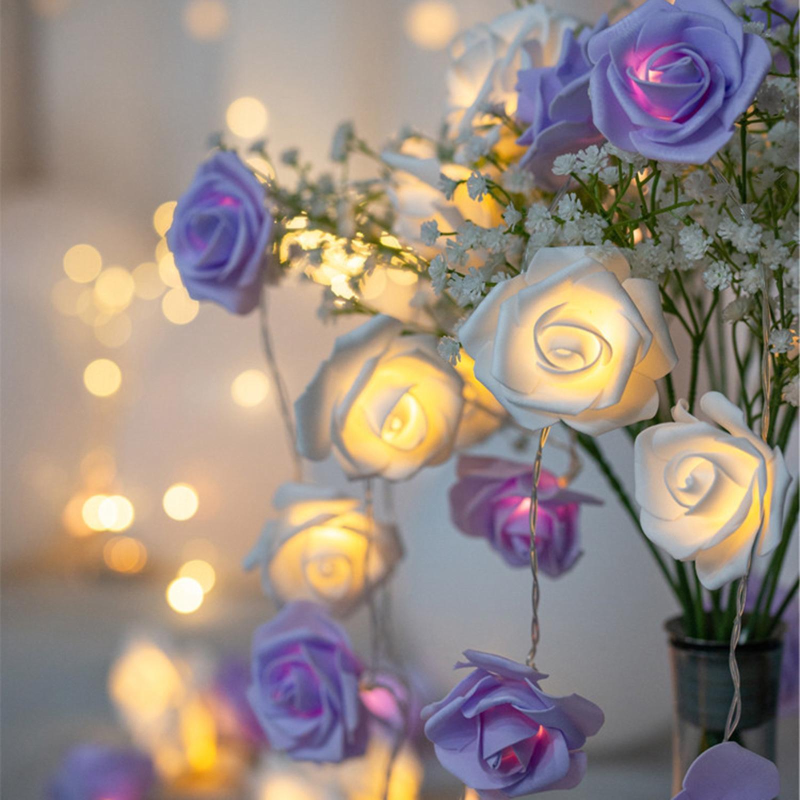 LED Rose String Fairy Lights Artificial Rose Flowers Bouquet Ornament White Purple