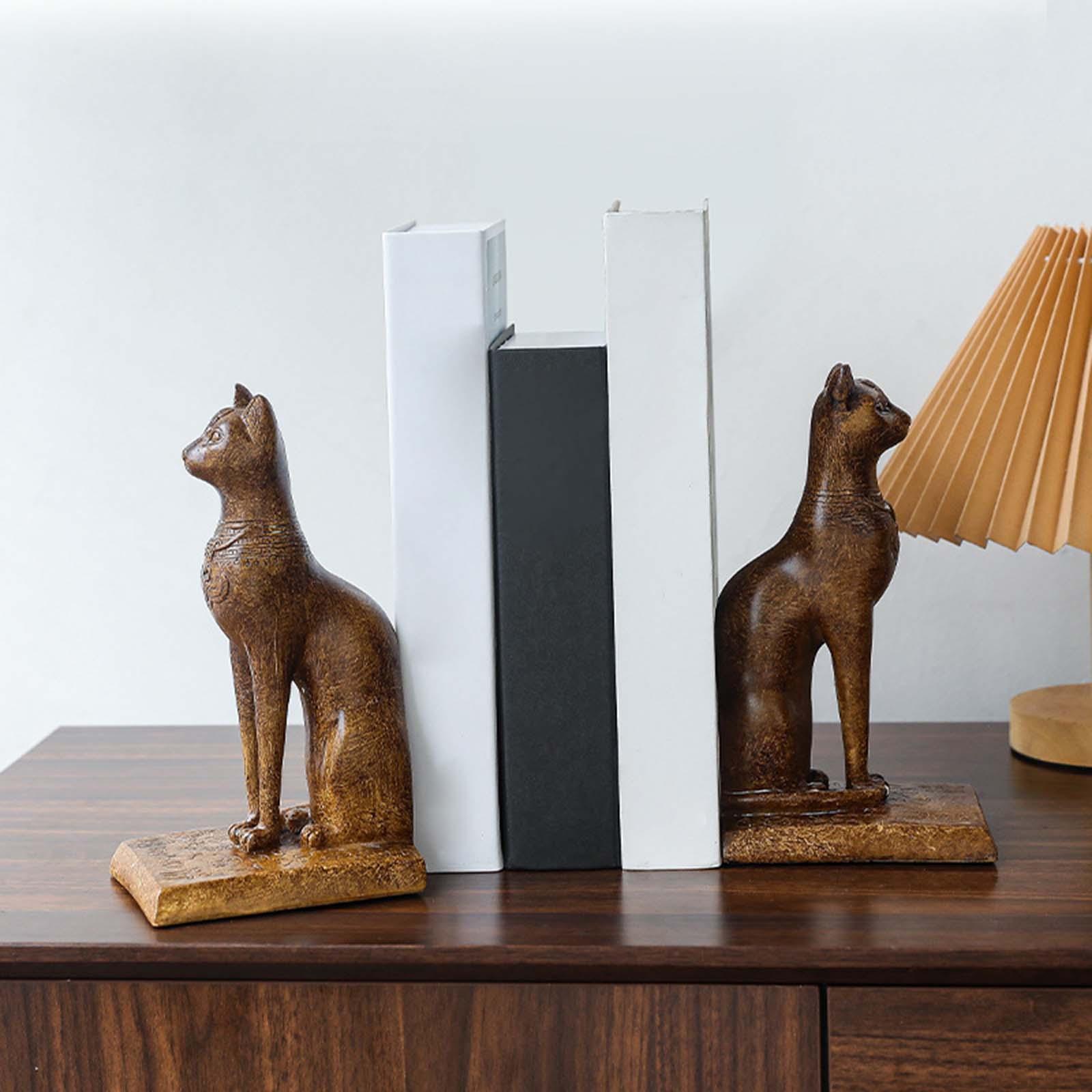2Pcs Egyptian Cat Statues Bookends Book Stoppers for Desk Entrance Bookshelf