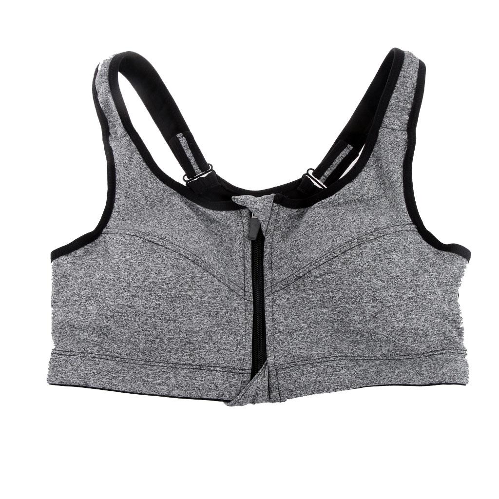 Front Zipper No Rims Gym Sports Bra Compression Underwear Yoga Top Grey M