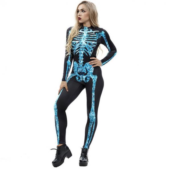 Halloween Skeleton Costume Women Horror Carnival Catsuit Jumpsuit Green L