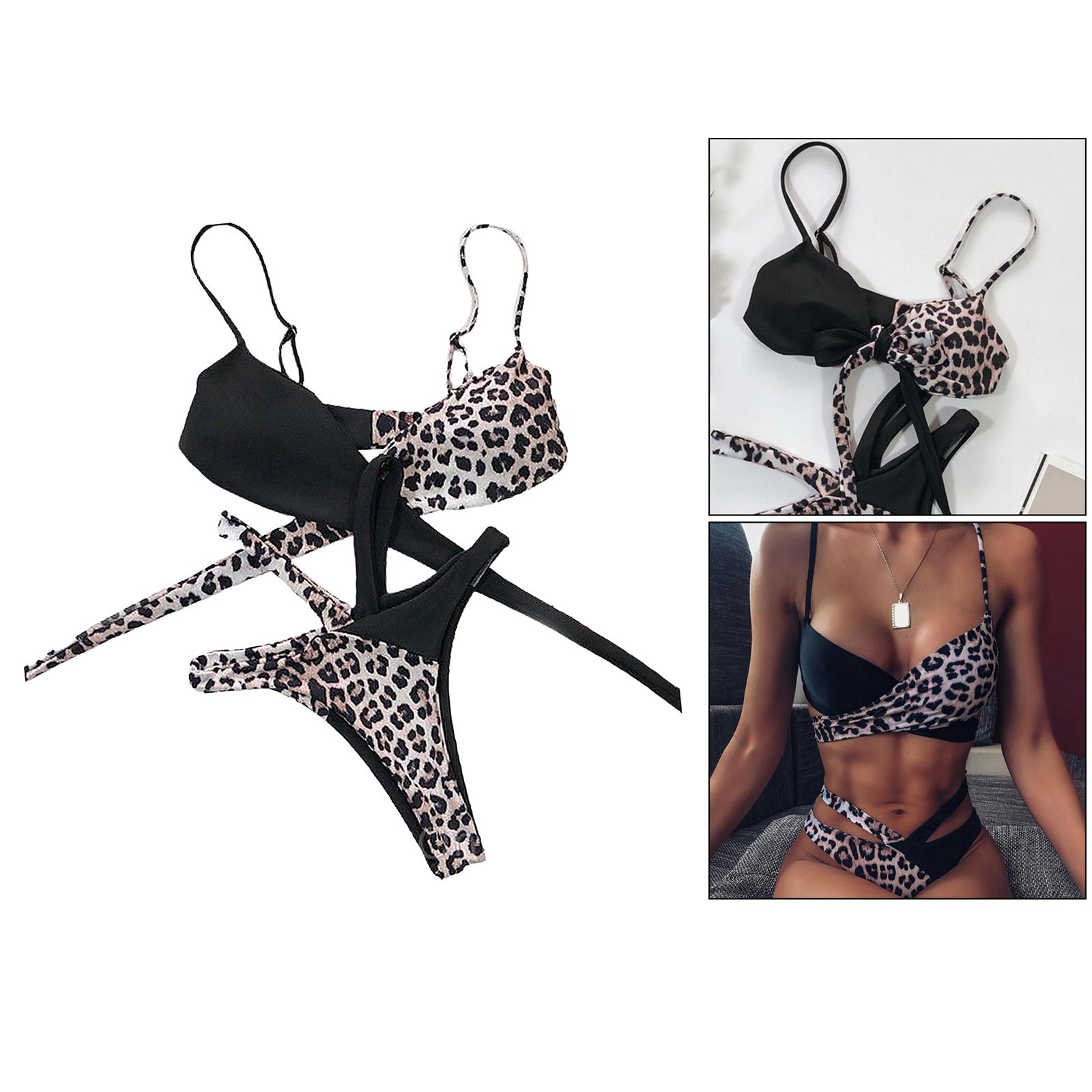 Womens Bikini Leopard Print Backless Swimsuit Female Push Cup Bra Leopard M