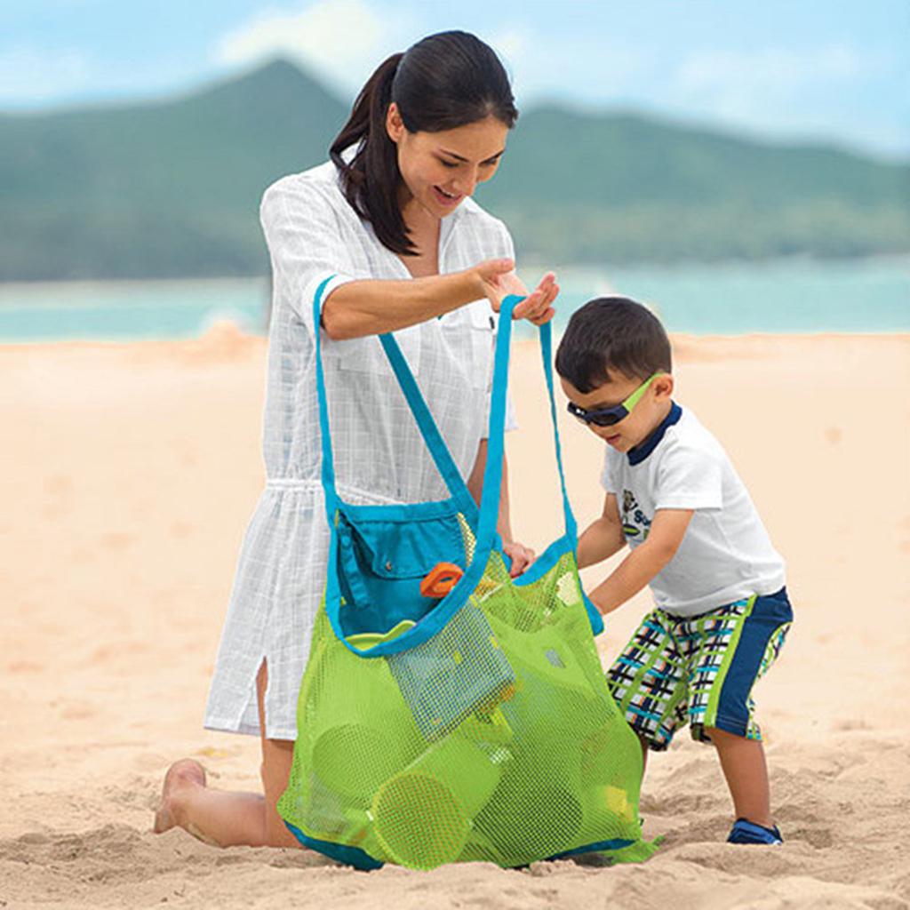 Foldable Sand Away Kids Toys Shell Collect Mesh Beach Bag Beach Tote Blue