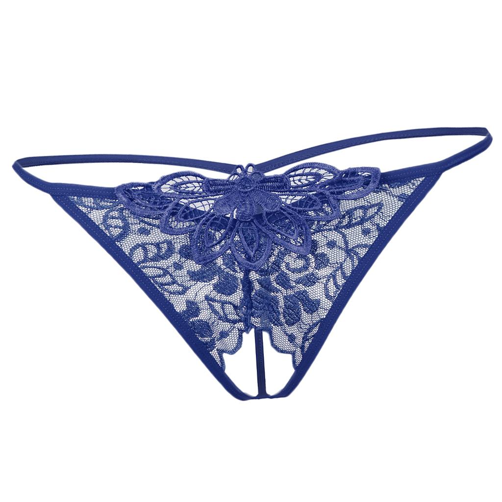 Sexy Sheer Lace Crotchless Panties G String T Back Thong Blue
