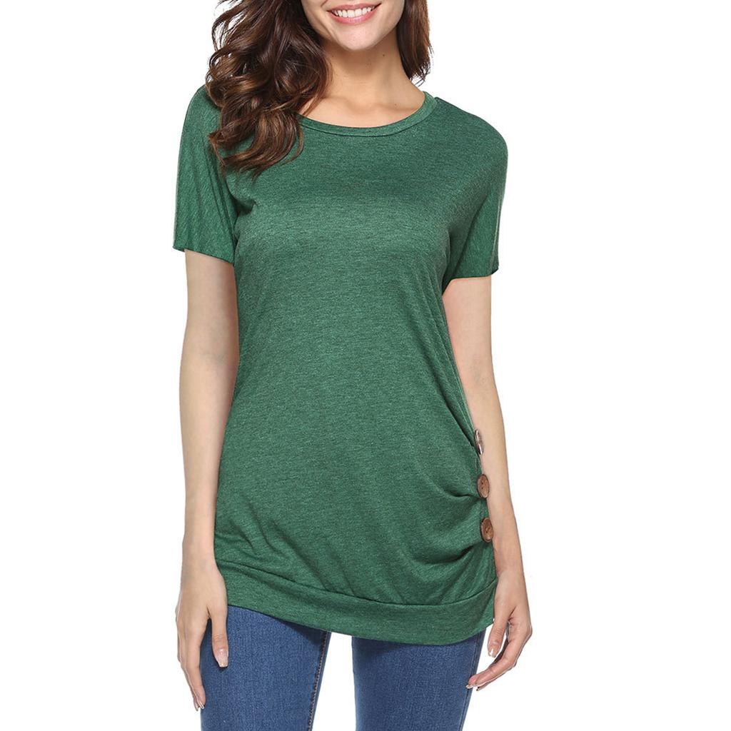 Women Casual Button T-Shirts Summer Short Sleeve Loose Blouse Tops M Green