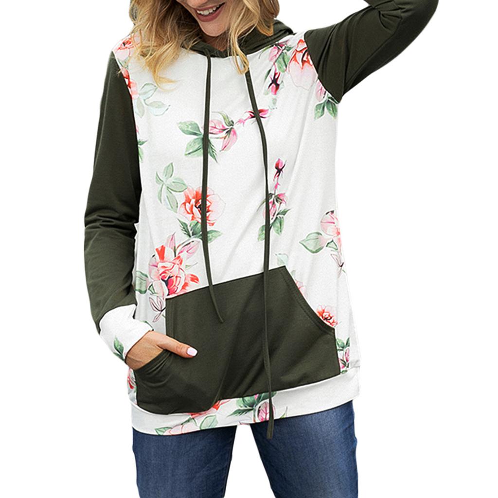 Womens Floral Hoodie Long Sleeve Jumper Casual Pullover Sweatshirt S Green