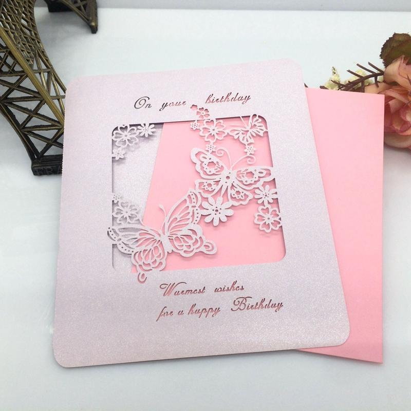 10/lot Handmade HAPPY BIRTHDAY Greeting Card Hollow out Butterfly Cover-Pink
