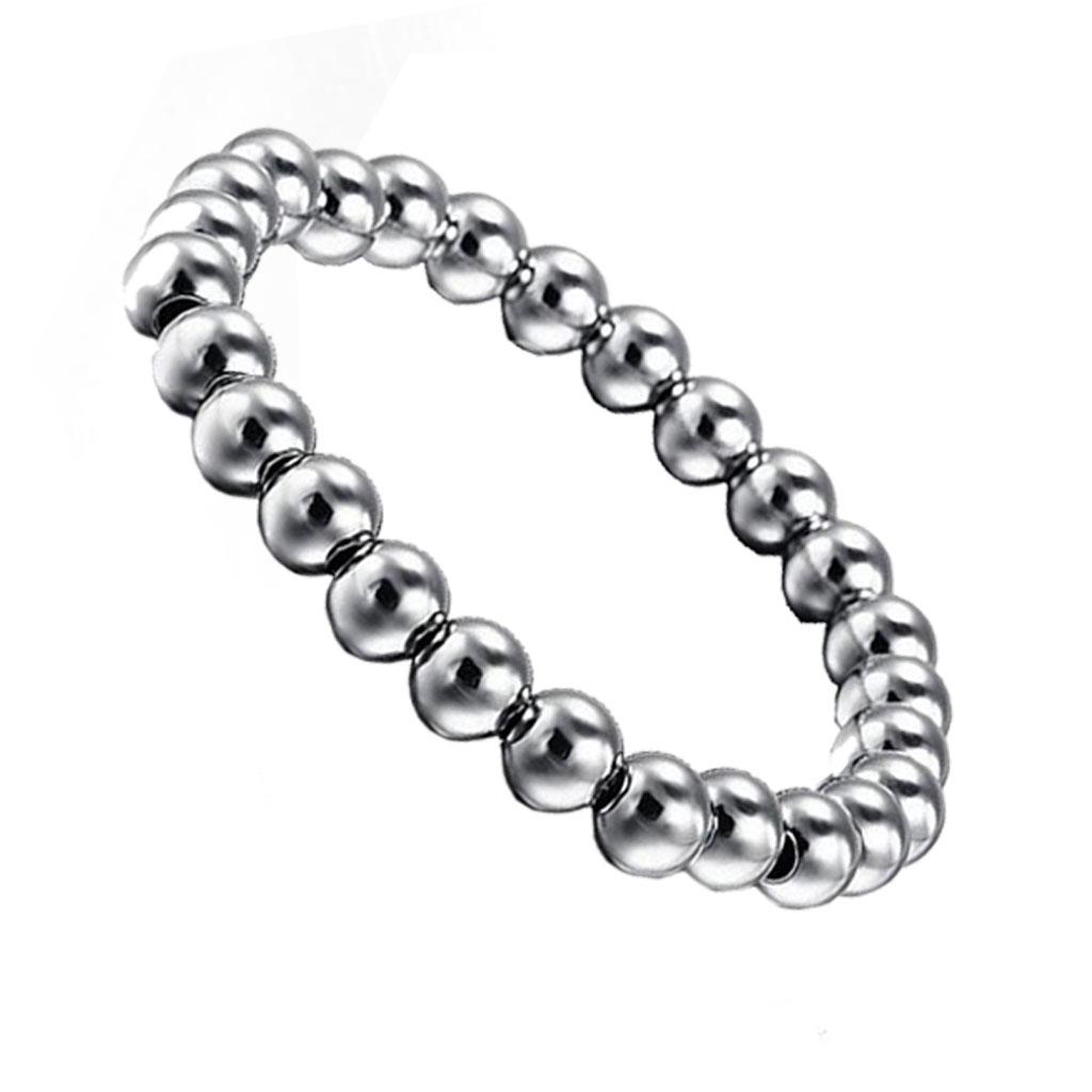 Women 8mm Stainless Steel Round Beads Charm Elastic Bracelet Bangle Silver